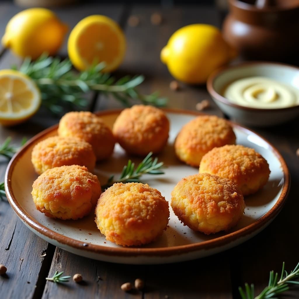 Croquetas doradas y crujientes de lentejas correosas con bechamel de avena, servidas en plato de barro rústico sobre fondo de madera oscura, con hierbas frescas y limón al lado.