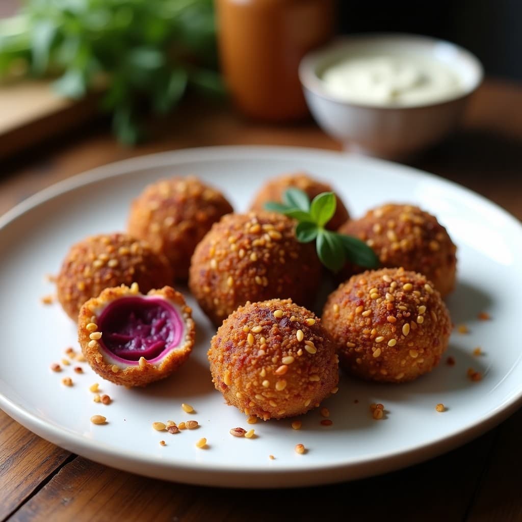 Croquetas doradas de lentejas beluga y remolacha con crujiente de semillas de lino, sésamo y amapola, servidas en un plato blanco sobre fondo rústico de madera. Receta vegana sin harina, aperitivo saludable y alto en proteína.