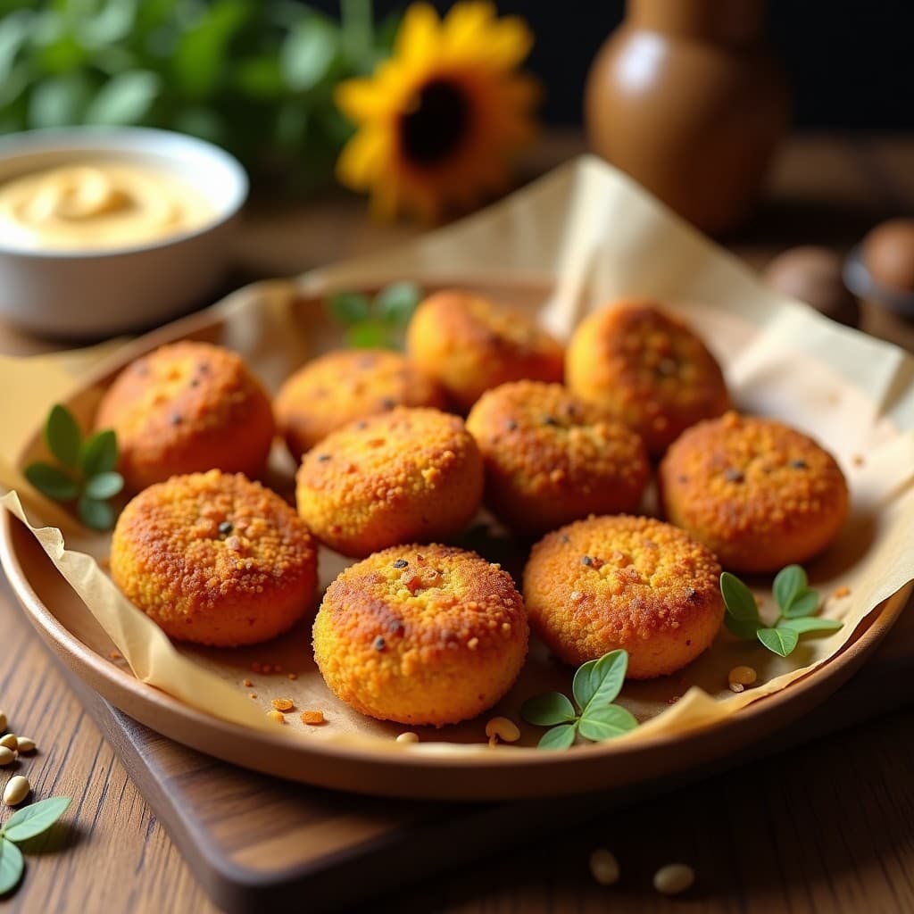 Croquetas doradas de lentejas rojas y avena con un crujiente de semillas de girasol, servidas en un plato de cerámica blanca con un dip de yogur y hierbas frescas al lado. Receta en Thermomix sin harina, vegana y alta en proteína.