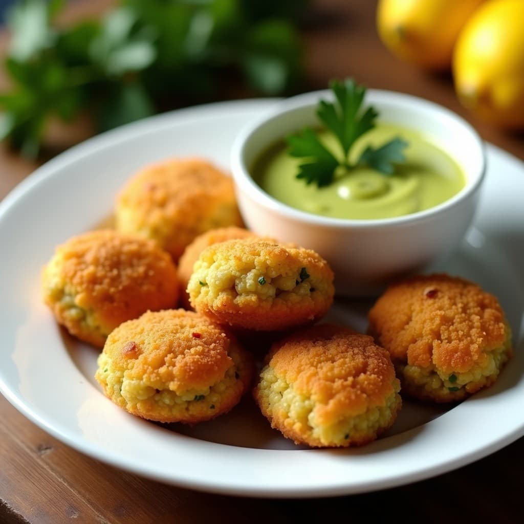 Croquetas doradas y crujientes de lentillas y alcachofa sobre un plato blanco rústico, acompañadas de un cuenco pequeño con salsa de limón amarilla brillante. Decoradas con hebras de azafrán y eneldo fresco, con un fondo de madera oscura y utensilios de cocina tradicionales.