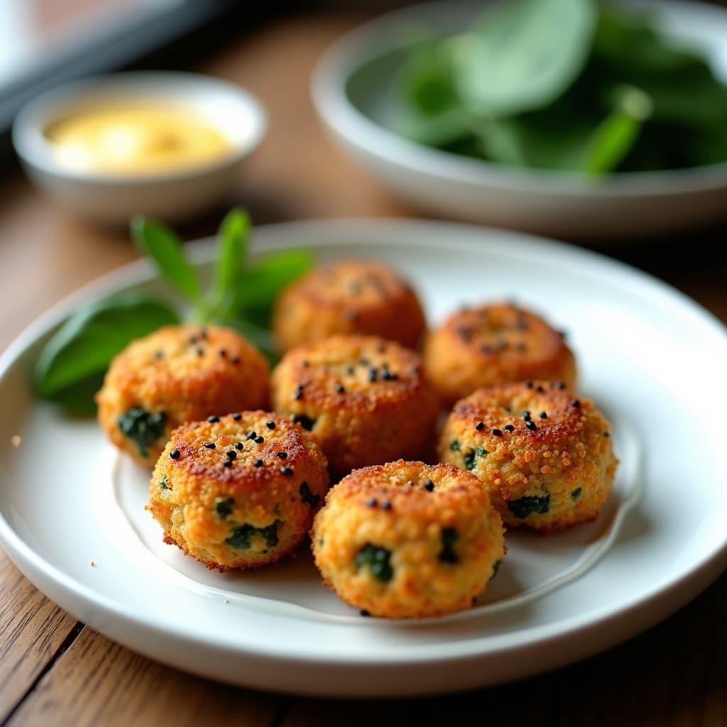 Croquetas doradas y crujientes de lentillas corail y espinacas con bechamel de avena, empanizadas con semillas de sésamo negro, dispuestas en un plato blanco sobre fondo de madera rústica, receta francesa en airfryer.