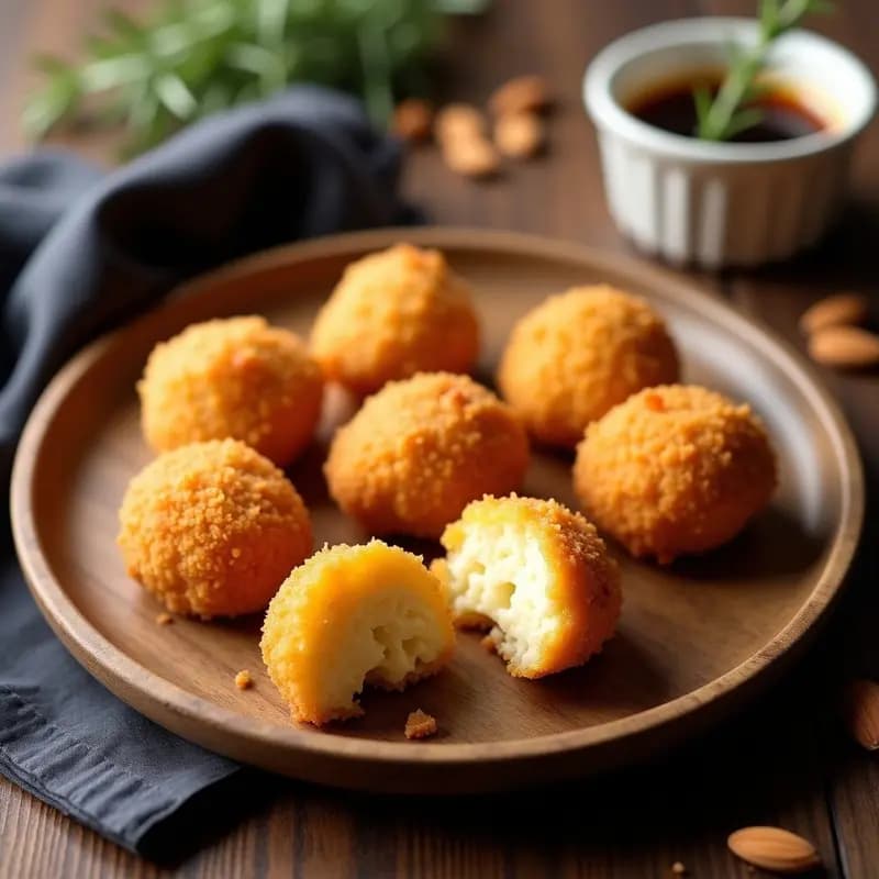 Croquetas doradas y crujientes de queso Manchego y membrillo sin lactosa, servidas en plato de madera con salsa de miel y vinagre balsámico al fondo, tapa española gourmet.