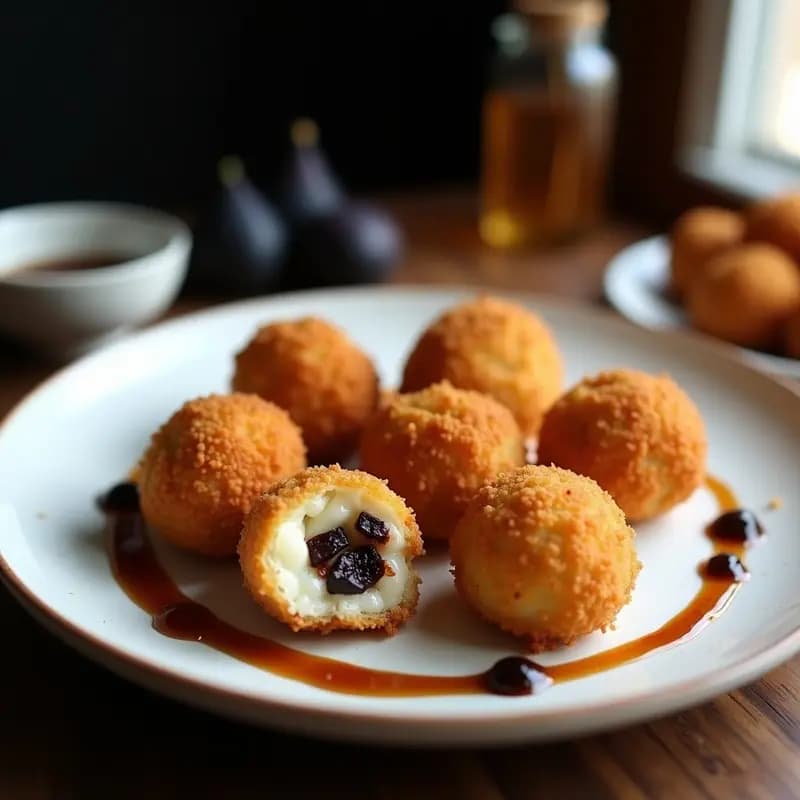 Croquetas de mascarpone y higos negros doradas y crujientes sobre papel de horno, con un hilo de miel y vinagre balsámico, servidas en un plato blanco rústico con fondo oscuro.