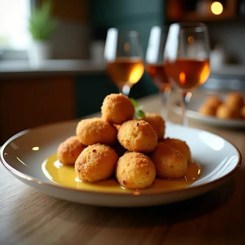 Plato blanco con croquetas de morcilla de Burgos y cebolla doradas y crujientes, servidas sobre papel absorbente con un fondo rústico de madera. Receta tradicional española de aperitivo.