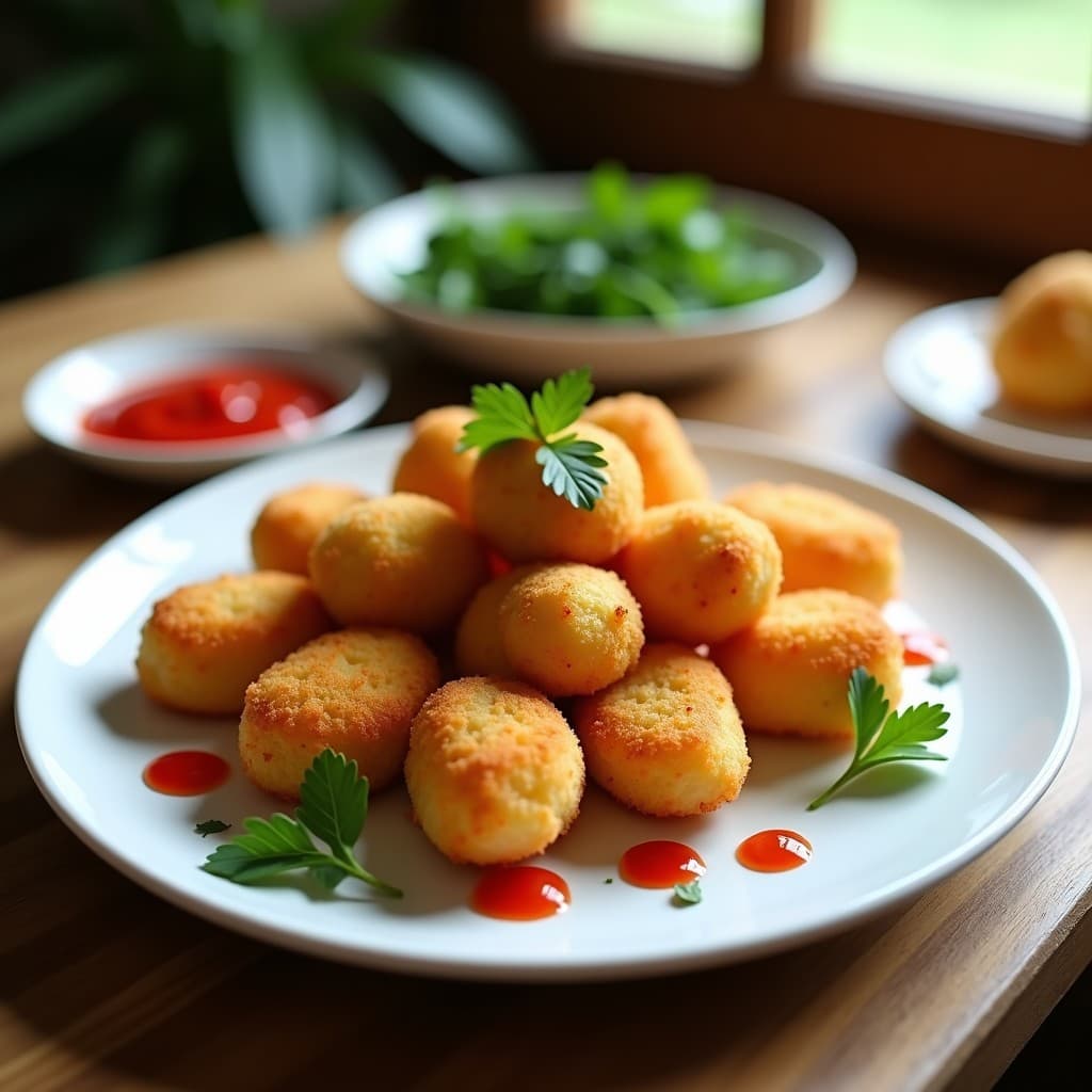 Croquetas doradas y crujientes de palmito y queso de Brasil servidas en un plato blanco con salsa de acerola de color rojo vibrante al lado, decoradas con hojas de cilantro fresco.