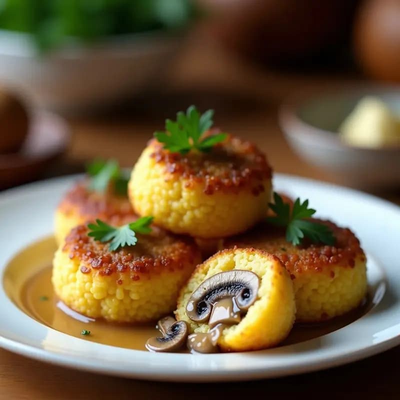 Croquetas doradas de polenta y setas con salsa de trufa servidas en plato blanco, receta italiana sin gluten en airfryer, decoradas con perejil fresco.