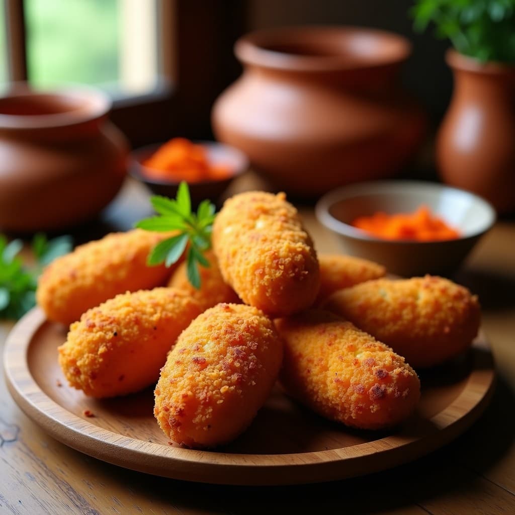 Croquetas doradas y crujientes de pollo y pimentón ahumado servidas en un plato de madera rústico, con virutas de queso manchego y un espolvoreado de pimentón de la Vera. Receta española en airfryer sin harina.