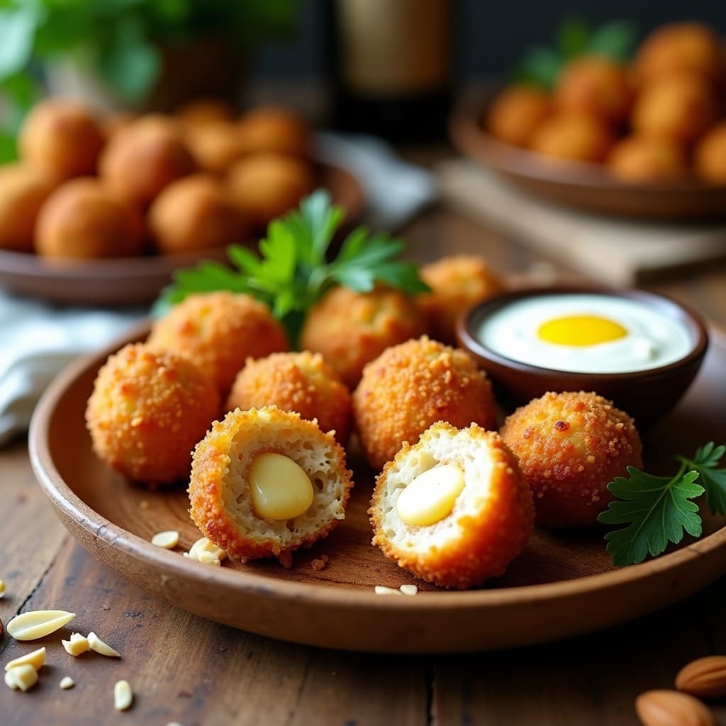 Croquetas doradas y crujientes de pollo y queso manchego con pan de almendra, cocinadas en airfryer, sobre un plato de madera rústico con hierbas frescas y salsa de yogur al lado.