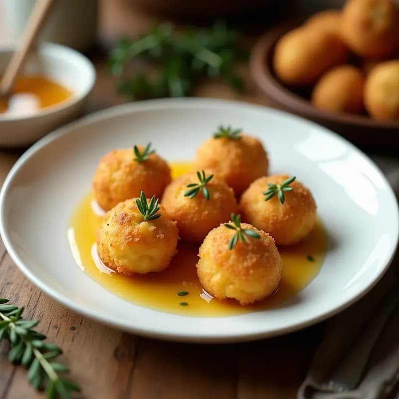 Plato blanco con croquetas doradas de puré de apio nabos y queso de cabra, bañadas con miel de tomillo y decoradas con ramitas de tomillo fresco sobre fondo rústico de madera.