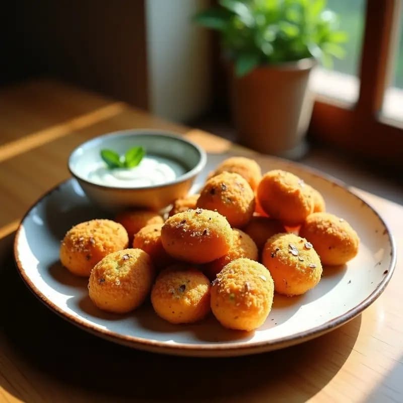 Croquetas doradas de puré de boniato y espinacas en Airfryer, con textura crujiente y rebozado de almendras molidas, servidas en plato rústico con salsa de yogur.