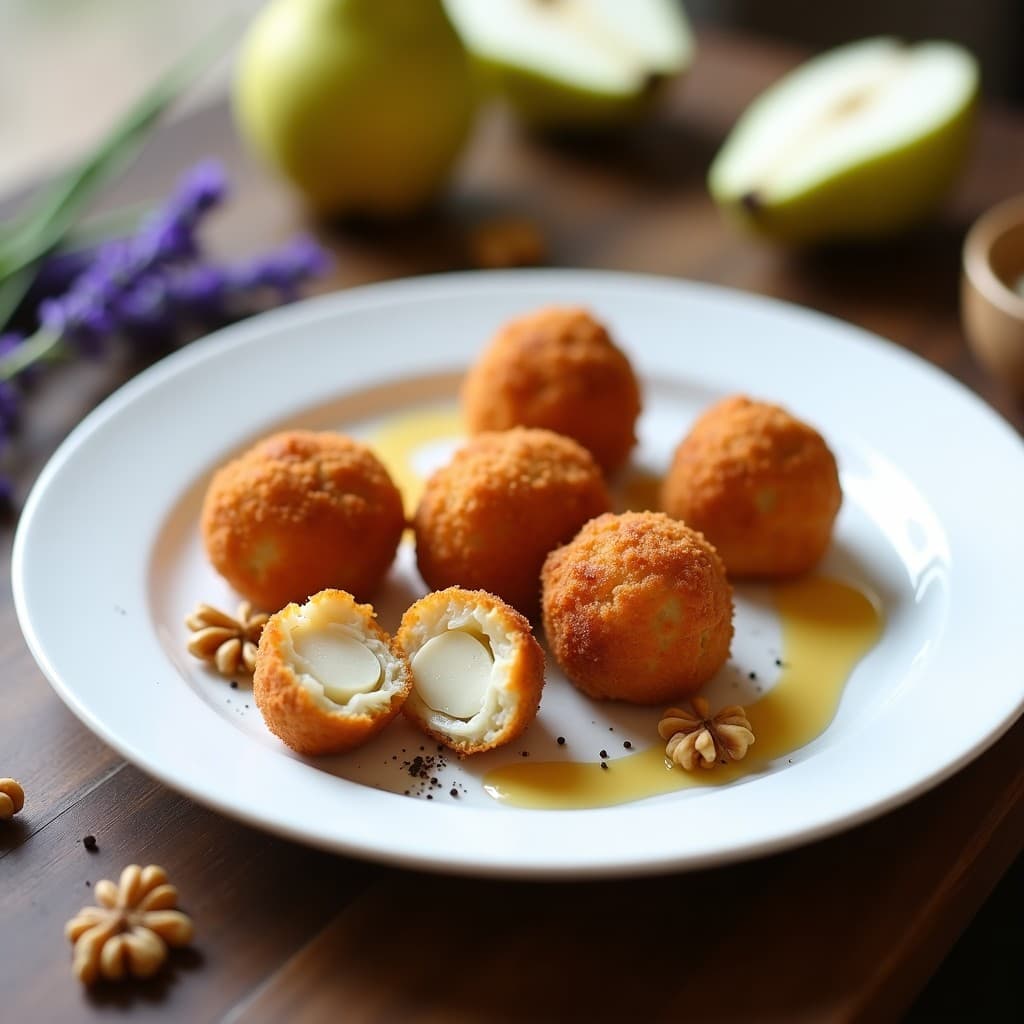 Croquetas doradas y crujientes de queso azul y peras en airfryer, servidas en un plato blanco con un hilo de miel de lavanda y nueces picadas, receta gourmet con toque francés.