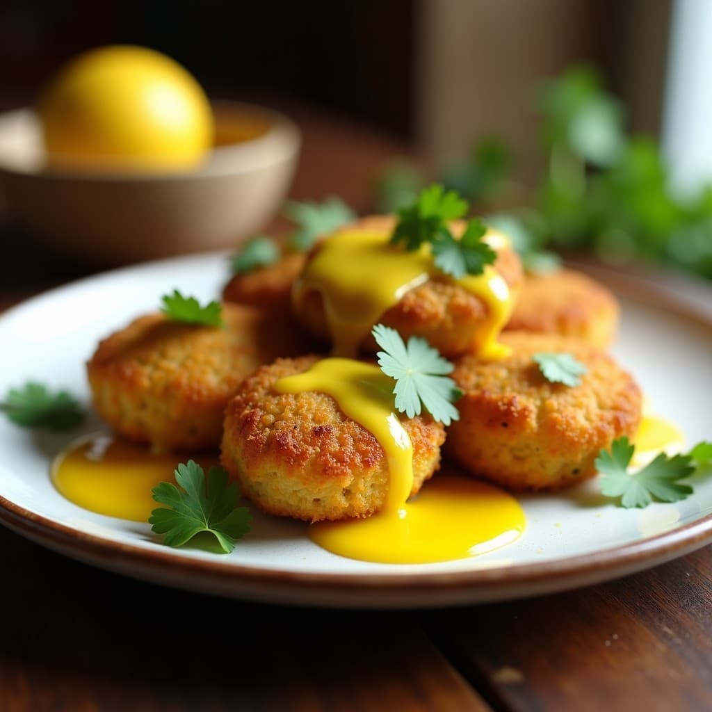 Croquetas doradas y crujientes de quinoa y alcachofas servidas en un plato blanco rústico, con salsa amarilla de limón y azafrán vertida por encima. Fondos de alcachofas y hebras de azafrán decoran el plato. Receta española en airfryer, vegana y sin gluten.