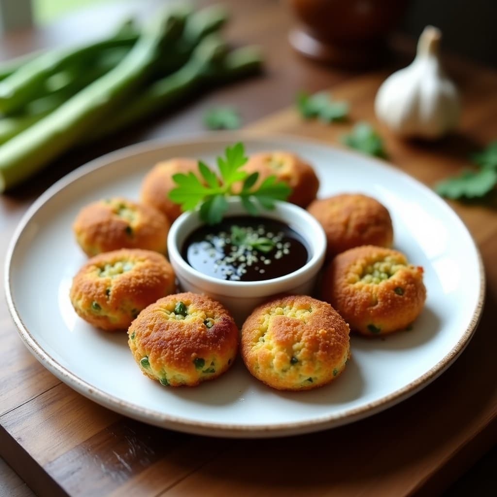 Croquetas doradas de quinoa y espárragos con salsa de ajo negro en Thermomix, servidas en plato blanco con ramitas de perejil y un bol pequeño de salsa oscura al lado, aperitivo español saludable.