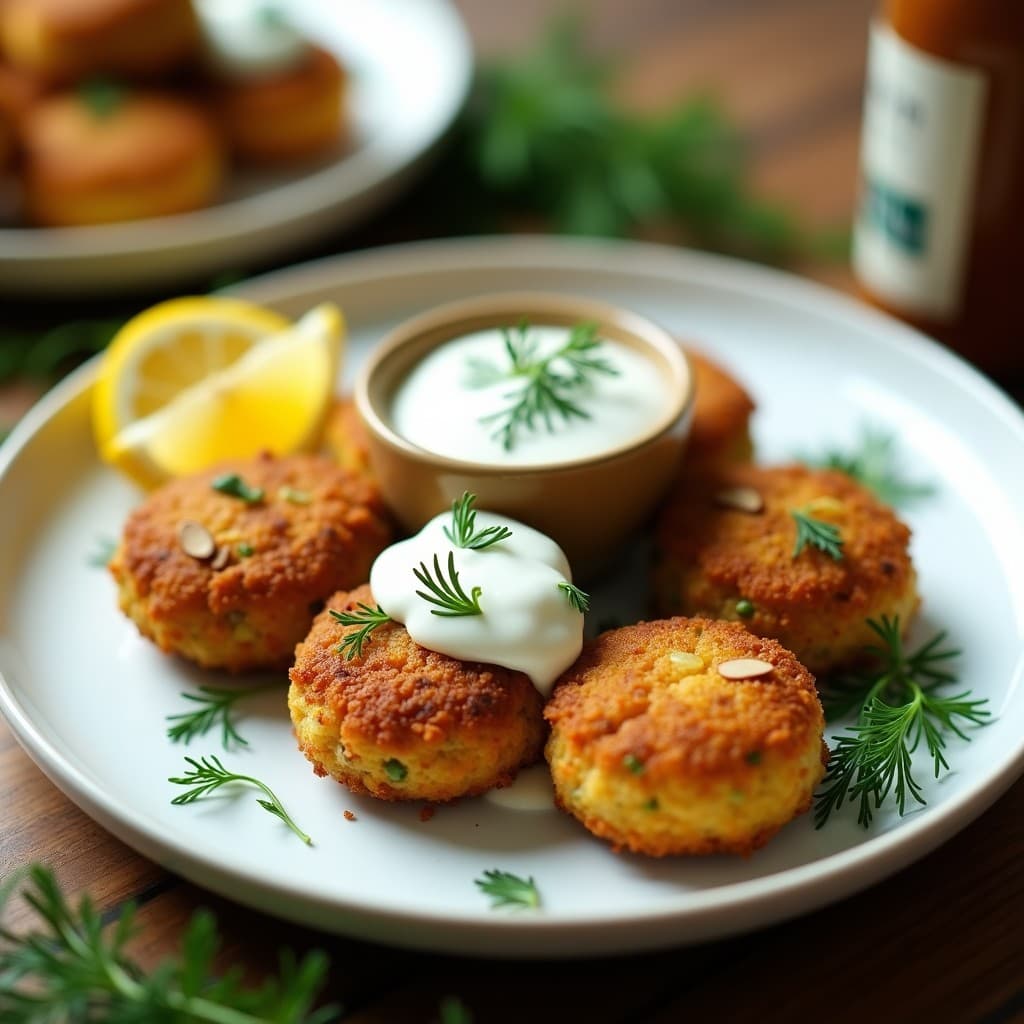 Croquetas doradas de quinoa y espárragos con textura crujiente, servidas en un plato blanco con salsa cremosa de yogur griego y eneldo fresco espolvoreado. Entrante griego sin horno, alto en proteína y con toque mediterráneo.