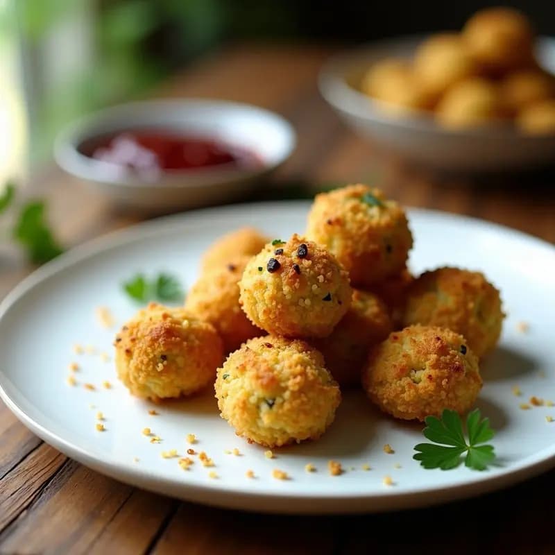 Croquetas doradas y crujientes de quinoa y hongos morel sobre un plato de cerámica blanca, con hierbas provenzales espolvoreadas y un fondo rústico de madera. Receta francesa sin lácteos en airfryer.