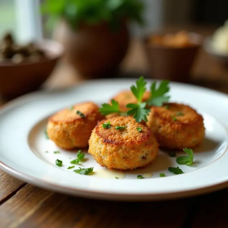 Croquetas doradas de quinoa y champiñones portobello servidas en plato blanco rústico, con fondo de hierbas frescas y salsa ligera, receta olla express.