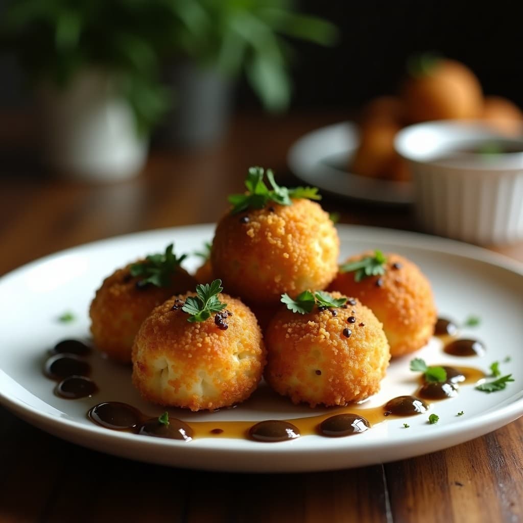 Croquetas doradas y crujientes de almidón de tapioca y champiñones portobello servidas en plato blanco con salsa de trufa negra y perejil fresco, aperitivo brasileño keto.