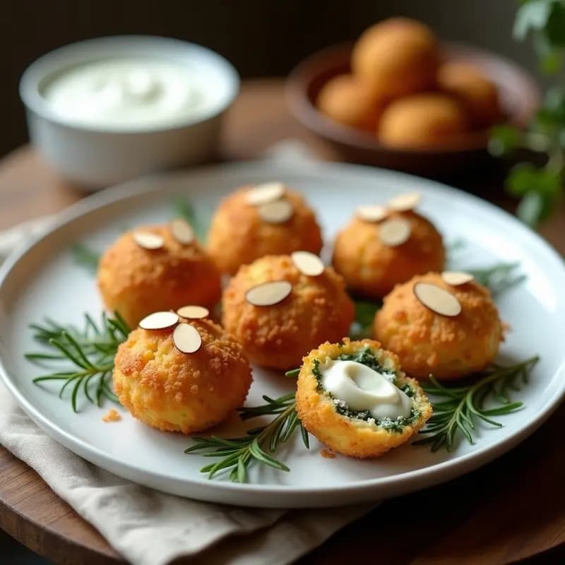 Croquettas doradas de espinaca y queso de oveja en airfryer sin harina, con textura crujiente por fuera y cremosa por dentro, servidas en plato blanco con almendras fileteadas y hierbas frescas, aperitivo francés gourmet.