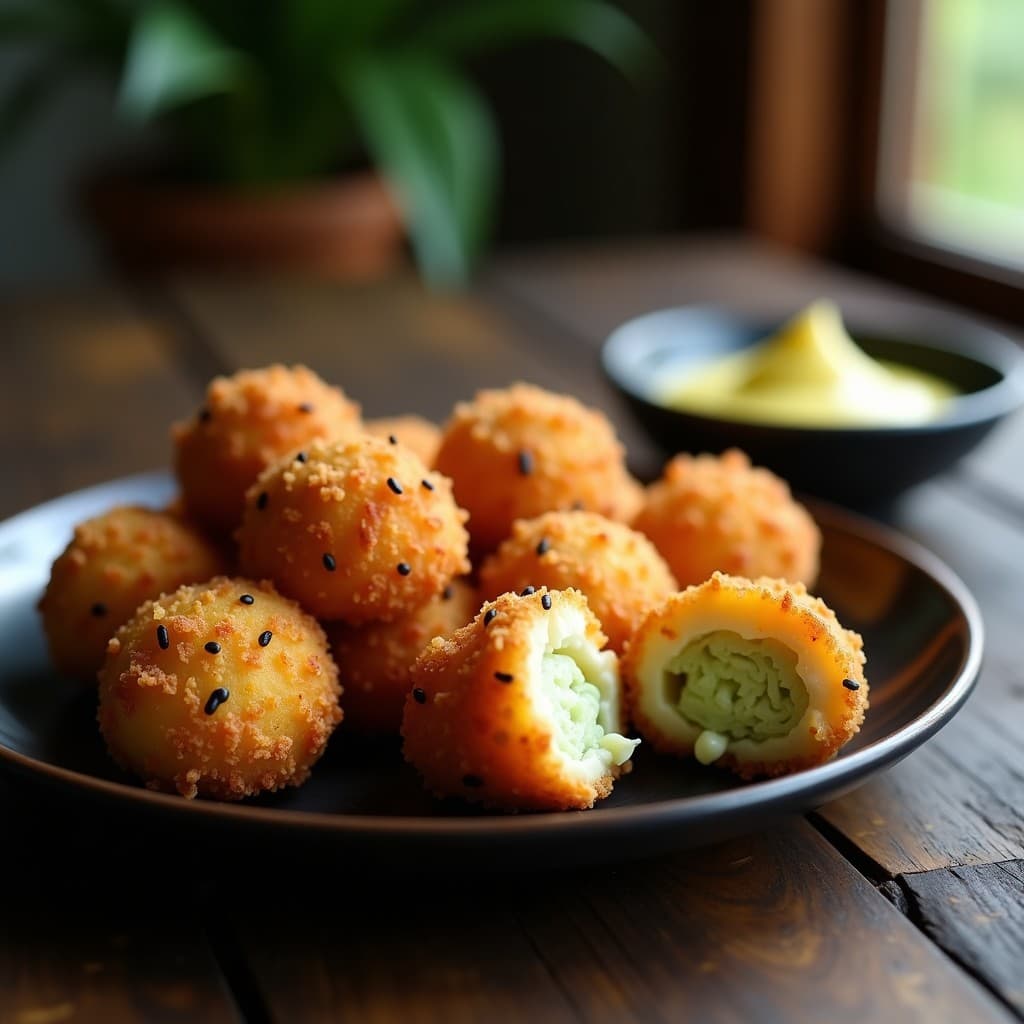 Croquettes doradas y crujientes de algas wakame y queso de anacardos servidas en un plato de cerámica negra, con semillas de sésamo visibles y un fondo de madera oscura. Aperitivo japonés vegano y sin gluten.