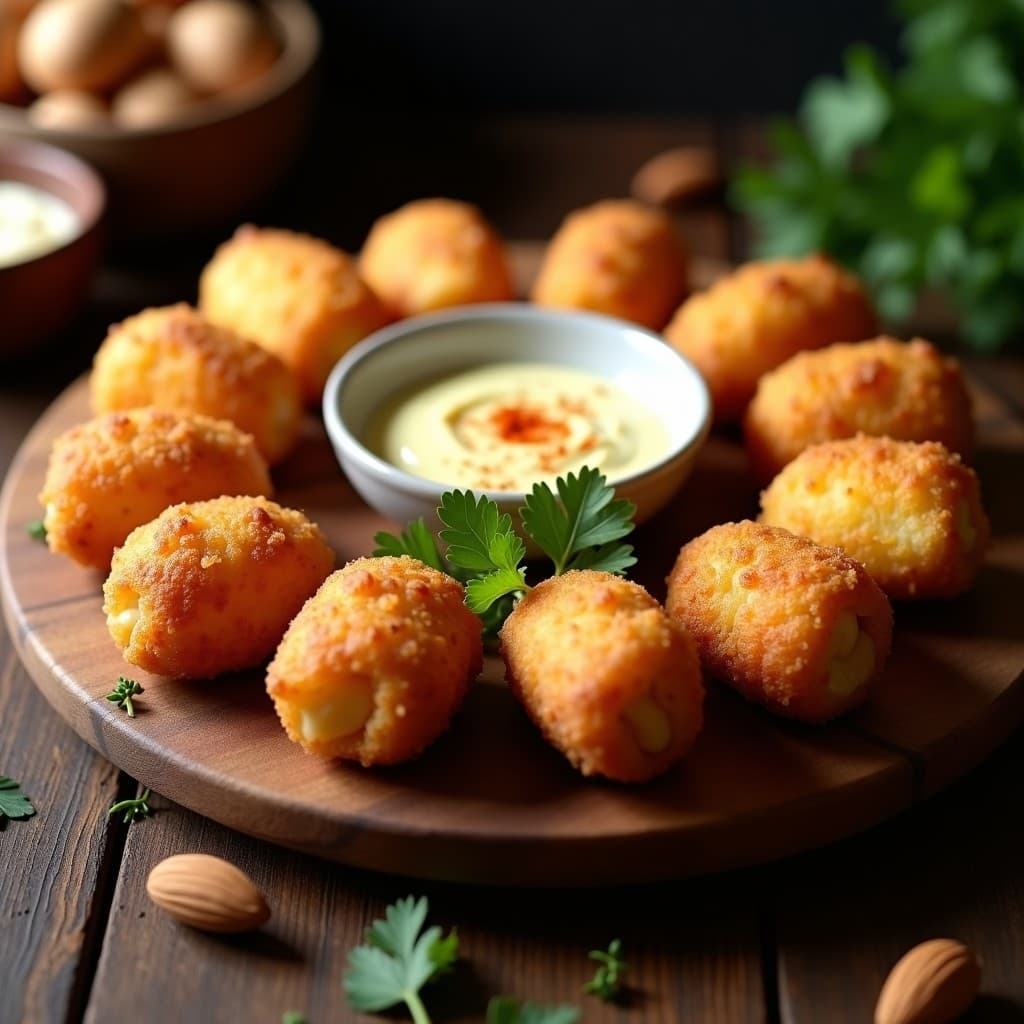 Croquettes de coliflor y queso manchego doradas y crujientes, servidas en una bandeja de madera rústica con hierbas frescas y alioli. Receta española en airfryer sin harina, ideal como aperitivo.