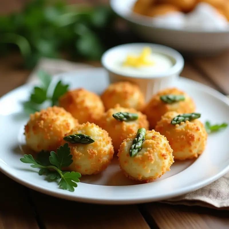 Croquettes de espárragos y queso gruyère doradas y crujientes en airfryer, servidas en plato blanco con perejil fresco y salsa de yogur al lado.