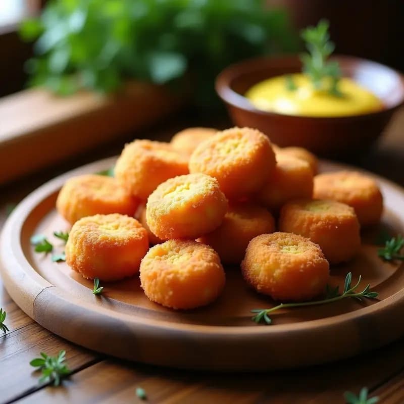Croquettes de jamón y queso Gruyère doradas y crujientes sobre una bandeja de madera rústica, con fondo desenfocado de hierbas frescas y un cuenco de salsa de miel y mostaza. Receta francesa gourmet en Airfryer.