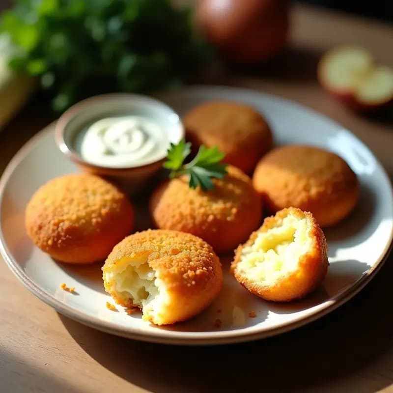 Bandeja de horno con croquettes de patata y queso de anacardos doradas y crujientes, aperitivo francés vegano, servidas con dip de yogur y hierbas sobre fondo rústico de madera.