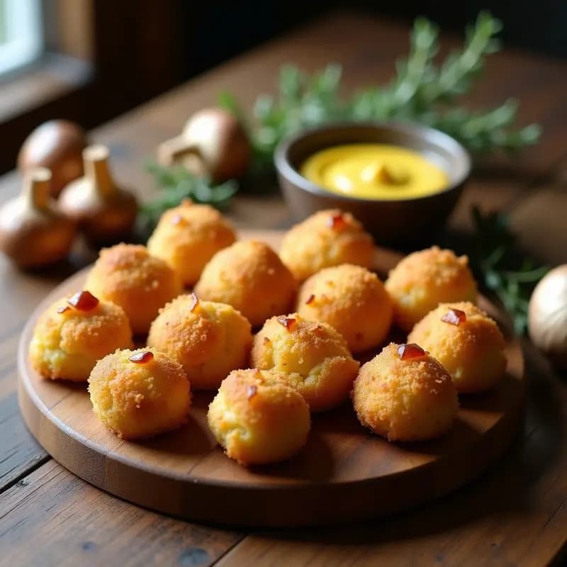 Croquettes doradas de puré de papa y champiñones portobello sobre bandeja de madera rústica, con hierbas frescas y salsa de mostaza al lado, aperitivo francés vegano.
