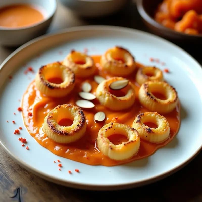 Plato blanco con crosnes al horno dorados y crujientes, dispuestos en círculo sobre un lecho de romesco de almendras cremoso y anaranjado, decorado con hebras de azafrán y almendras fileteadas. Receta francesa gourmet sin gluten.