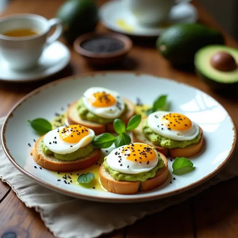 Plato blanco rústico con crostini de pan ciabatta tostado cubiertos de crema de aguacate verde brillante, huevos pochados con yema líquida, semillas de sésamo negro espolvoreadas y hojas de albahaca fresca. Desayuno italiano proteico y elegante.
