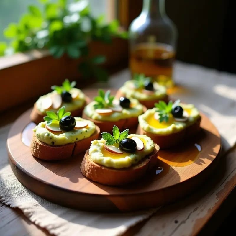 Crostini de pan de centeno tostado con puré cremoso de alcachofas y aceitunas negras, decorado con almendras fileteadas y perejil fresco. Entrante italiano sin gluten y gourmet sobre bandeja de madera rústica.