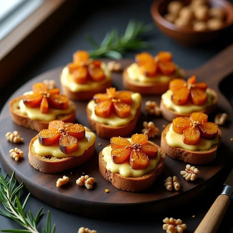 Crostini de pan de centeno tostado con crema de mostaza amarilla suave, higos caramelizados dorados apilados en vertical, nueces picadas y hilo de miel brillante. Presentación elegante en bandeja de madera rústica con romero fresco como decoración. Aperitivo francés dulce-salado viral para redes sociales.