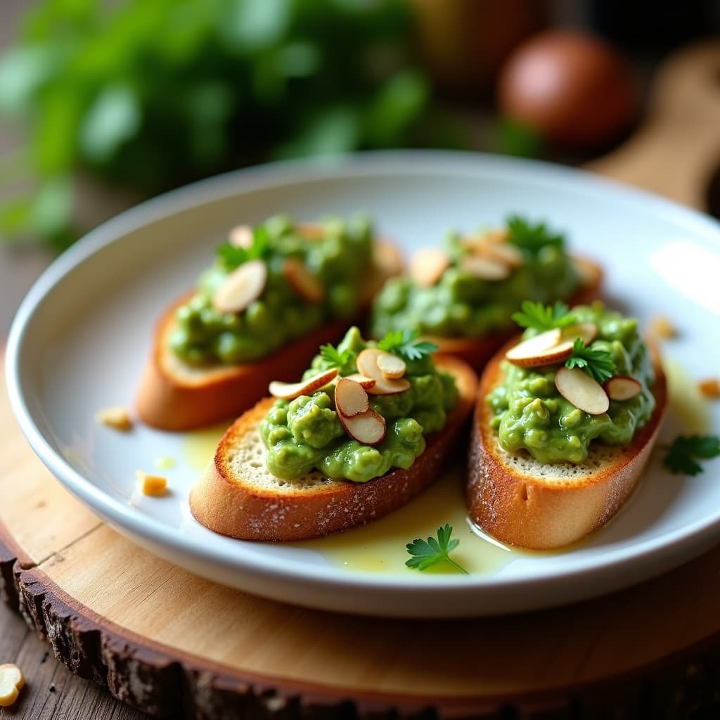 Plato blanco con crostini de pan de centeno dorado y crujiente, cubiertos con un pesto verde brillante de apio y almendras, decorados con filetes de almendra tostada y un hilo de aceite de oliva. Entrante italiano sin lactosa sobre fondo rústico de madera.