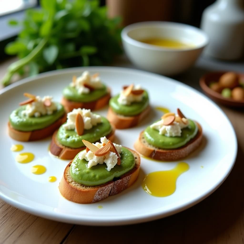 Plato blanco con crostini de pan de espelta tostado, cubiertos con puré de berros verde vibrante, queso de cabra desmenuzado, almendras fileteadas y un hilo de aceite de pistacho dorado. Aperitivo francés sin gluten elegante y fresco.