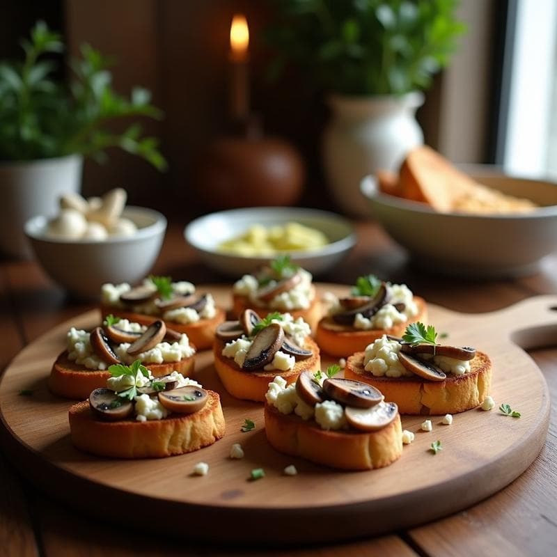 Crostini de pan de espelta dorado con láminas de patricias salteadas y queso de cabra desmenuzado, decorado con perejil fresco sobre una tabla de madera rústica. Entrante francés fácil en airfryer.