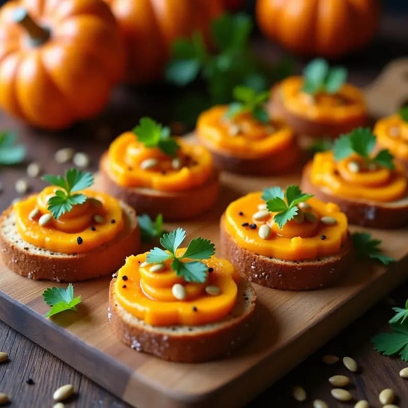 Crostini de pan de espelta dorado con puré de calabaza naranja cremoso, semillas de calabaza tostadas y hojas de cilantro fresco sobre una tabla de madera rústica, aperitivo otoñal vegano.