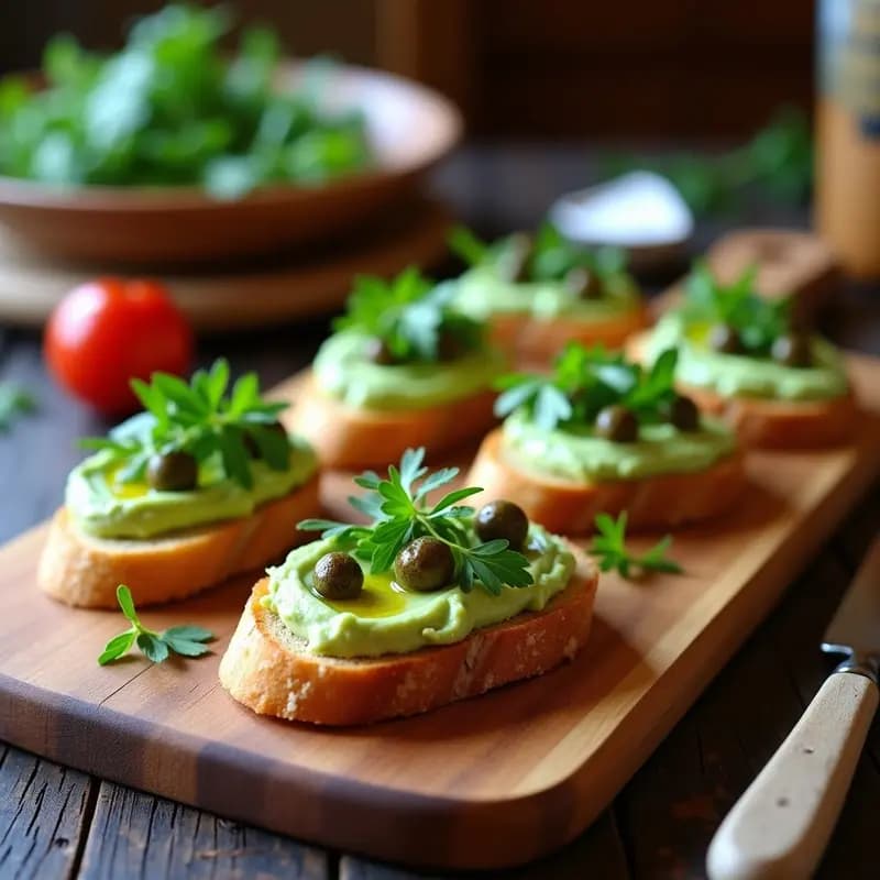 Crostini de pan de espelta tostado con puré de habas cremoso, anchoas veganas en trozos, alcaparras y rúcula fresca, servidos en una bandeja de madera rústica. Receta de aperitivo italiano gourmet vegano.