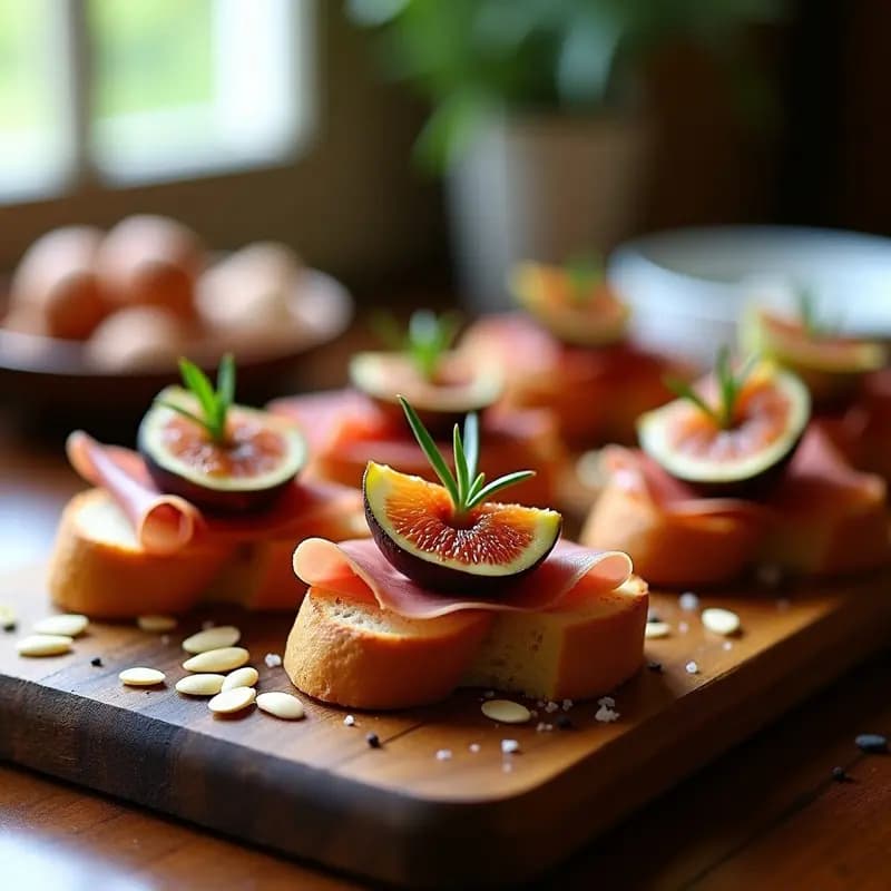 Crostini italiano gourmet con higos frescos cortados en gajos, prosciutto de Parma, queso pecorino rallado, miel de romero y almendras tostadas sobre pan ciabatta dorado, decorado con hojas de albahaca y vinagre balsámico glacé.