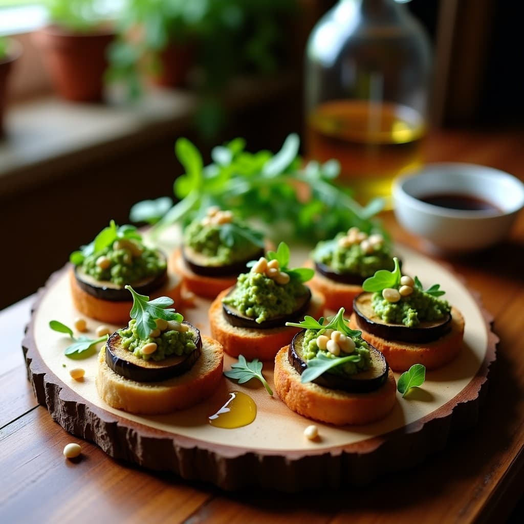 Crostini keto de pan de almendra dorado con rodajas de berenjena asada, pesto de rúcula verde intenso y piñones tostados, servidos en una tabla de madera rústica con aceite de oliva.