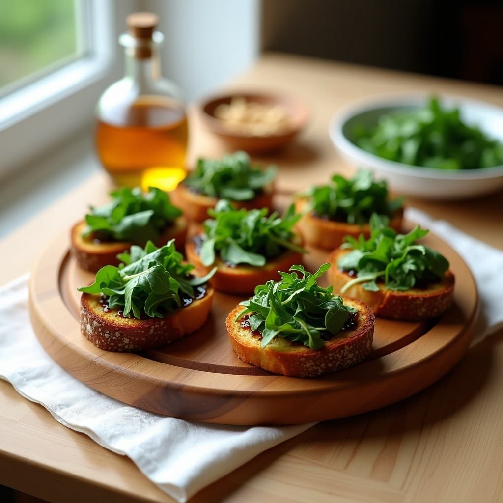 Plato blanco con crostini de pan de centeno tostado, cubiertos con hojas de rúcula fresca, almendras fileteadas, láminas de parmesano y un hilo de aceite de trufa y vinagre balsámico glaze. Entrante italiano keto elegante y crujiente.