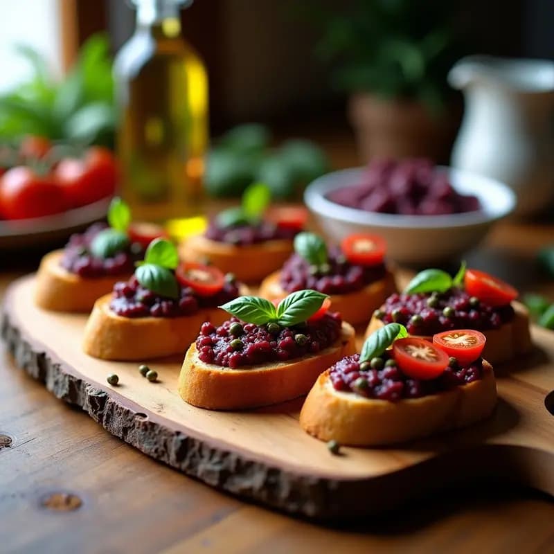 Crostini de pan de centeno tostado con paté de aceitunas kalamata y hierbas provenzales, decorado con tomate cherry y albahaca fresca sobre tabla de madera rústica. Entrante francés sin gluten ideal para aperitivos.
