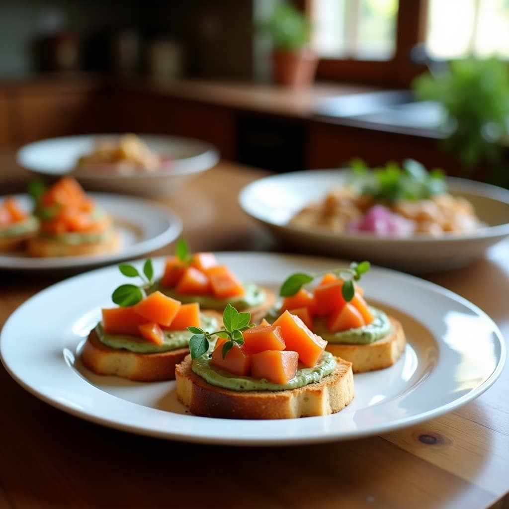 Crostini de pan de centeno dorado y crujiente con una capa generosa de paté cremoso de alcachofa y anchoas, decorado con perejil fresco y un hilo de aceite de oliva virgen extra sobre fondo rústico de madera.