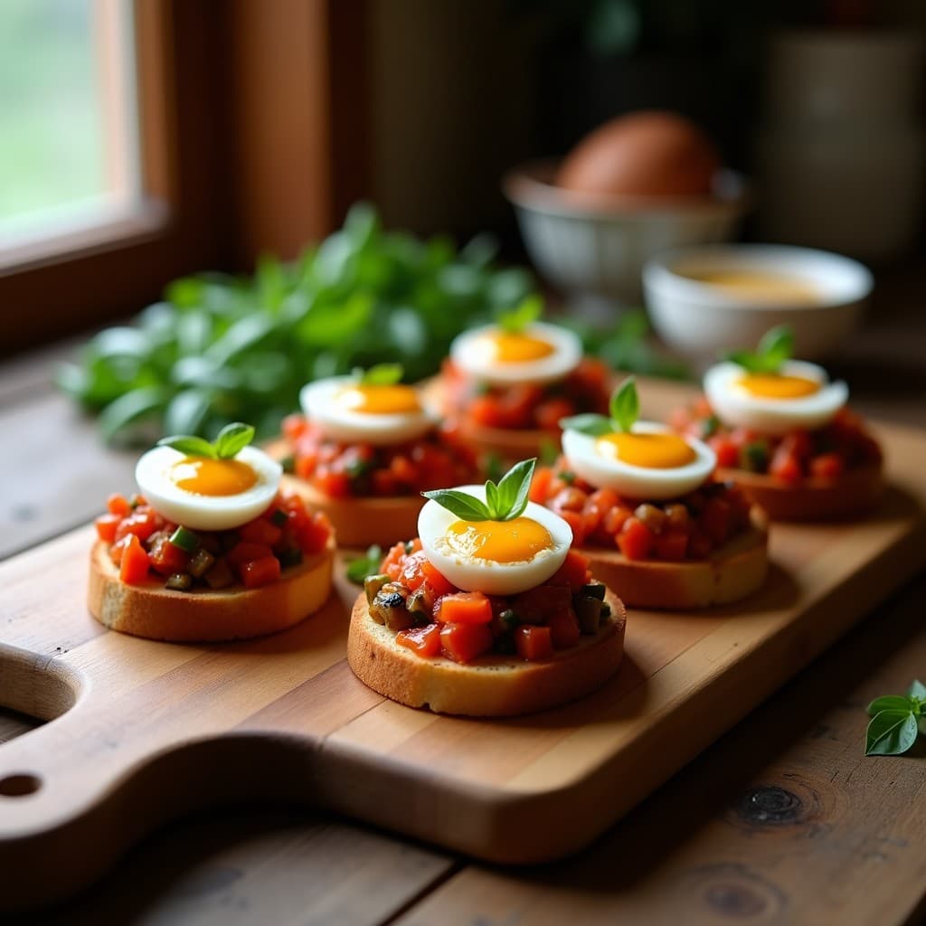 Crostini de pan de centeno tostado con pisto de berenjena, calabacín y pimiento, coronado con huevos de codorniz al punto y queso de cabra desmenuzado. Aperitivo español sin gluten con albahaca fresca.