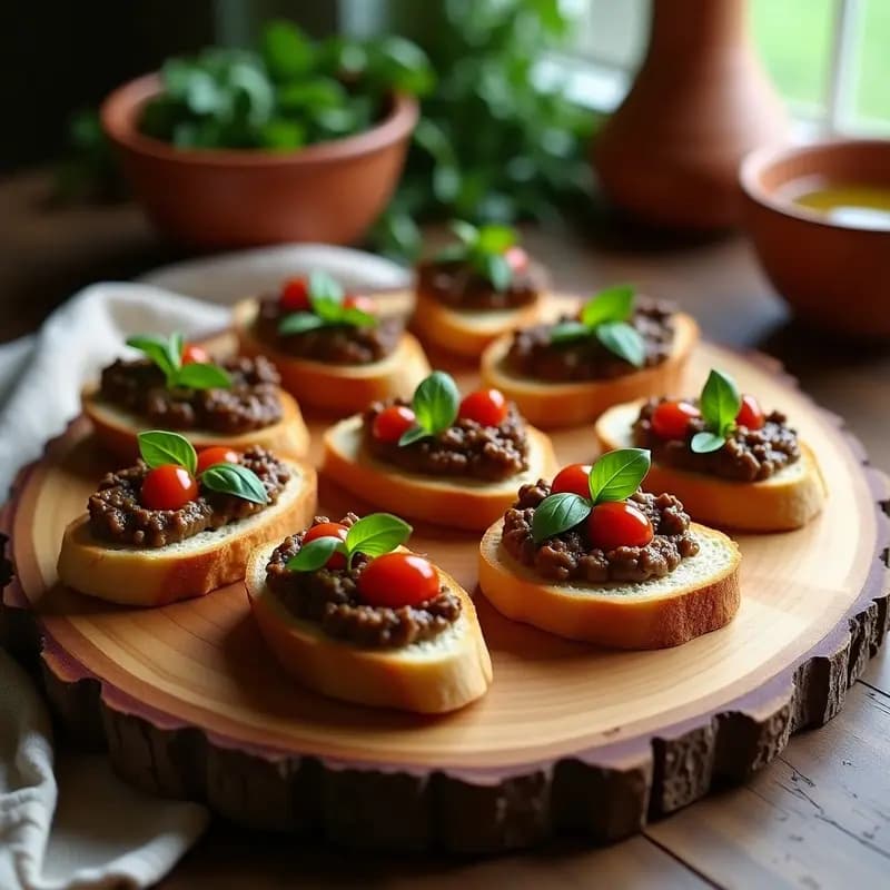 Crostini de pan de espelta dorado y crujiente con una generosa capa de paté oscuro de aceitunas Kalamata y tomate seco, decorado con hojas de albahaca fresca y un hilo de aceite de oliva virgen extra. Plato de madera rústica con fondo borroso de cocina.