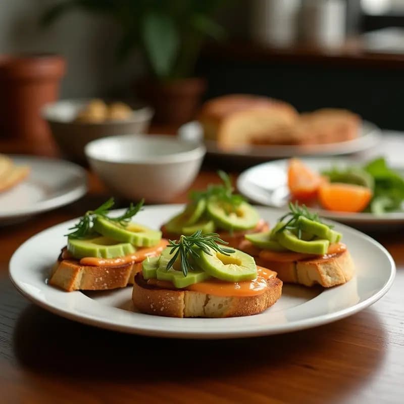 Plato blanco con seis crostini de pan integral tostado, cubiertos con crema de aguacate verde, láminas de salmón ahumado rosa y espolvoreados con eneldo fresco y semillas de sésamo. Entrante escandinavo alto en omega-3 con toque gourmet.