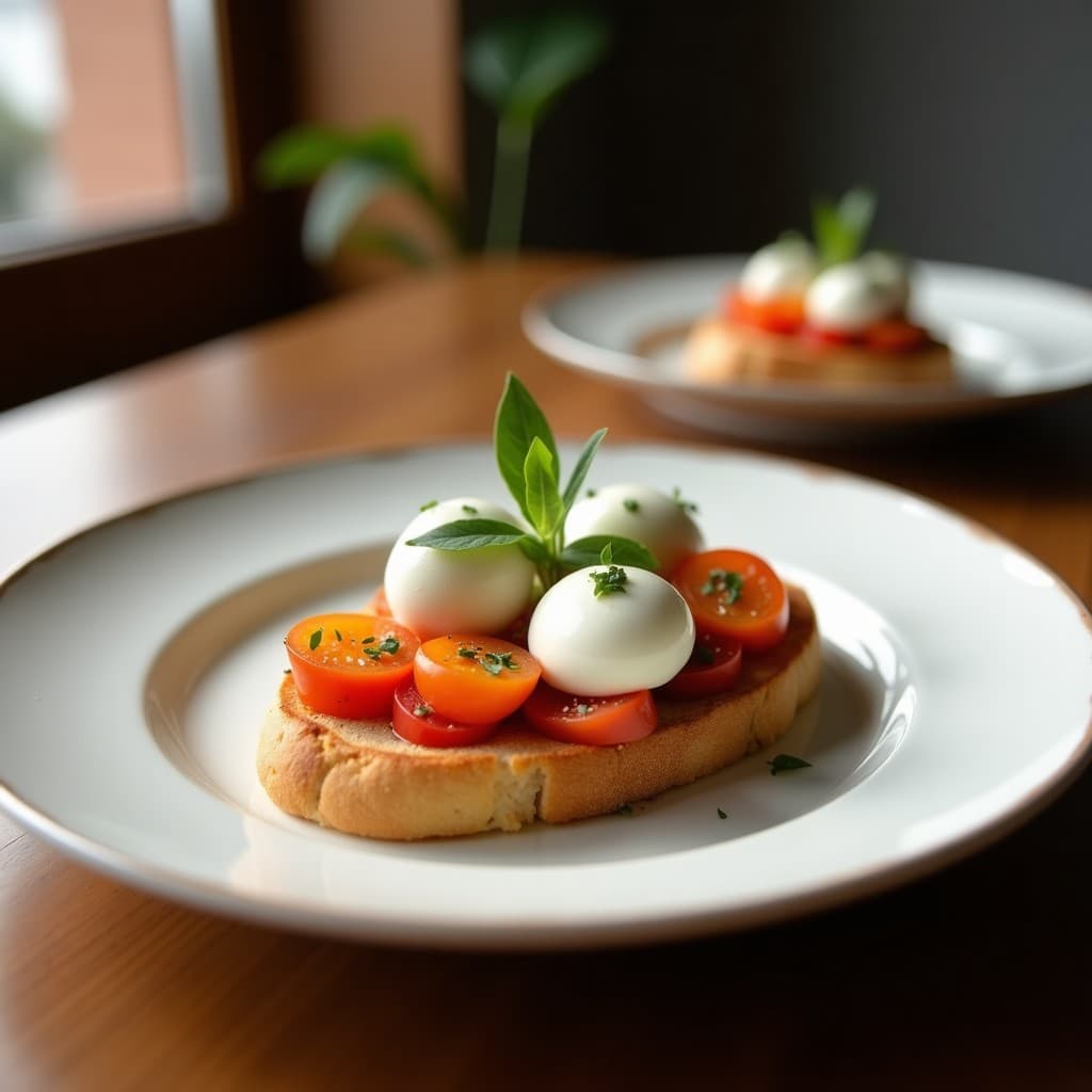 Crostini de pan integral tostado con rodajas de berenjena asada dorada, queso burata desmenuzado cremoso, tomates cherry rojos y hojas de albahaca fresca, bañados en un hilo de vinagre balsámico con miel, sobre una tabla de madera rústica con fondo desenfocado.