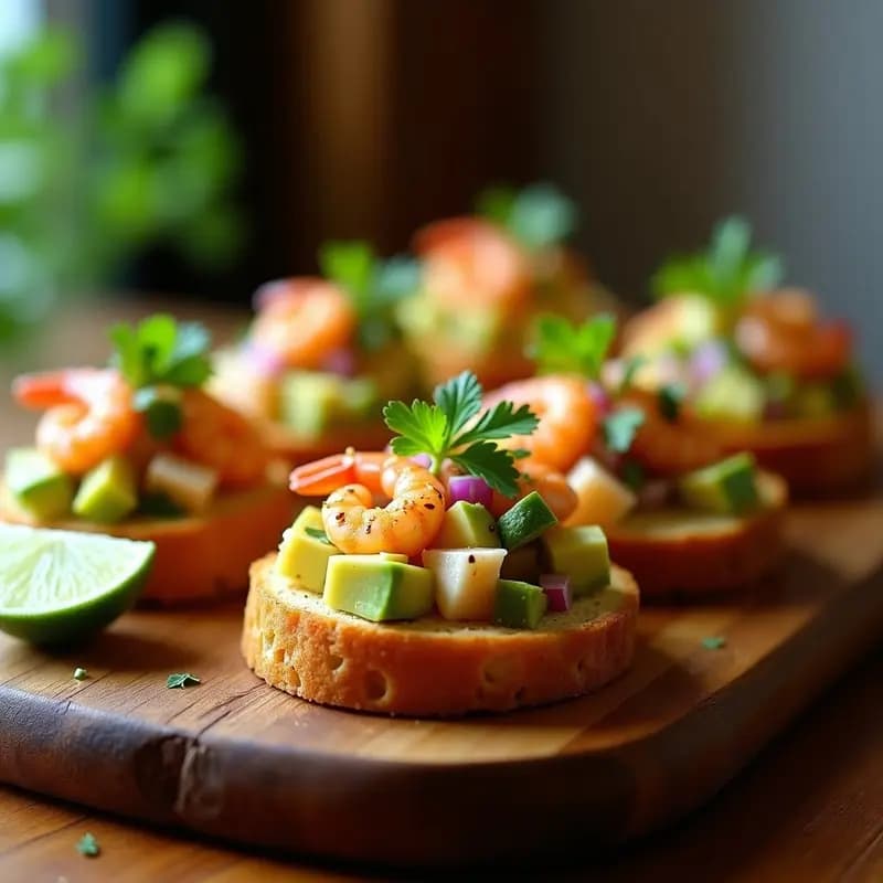 Crostini de pan de maíz dorado con ceviche de camarón marinado en leche de tigre, aguacate cremoso y semillas de sésamo, servidos en una tabla de madera rústica con hierbas frescas y limones al fondo. Receta de aperitivo peruano-mexicano sin gluten.