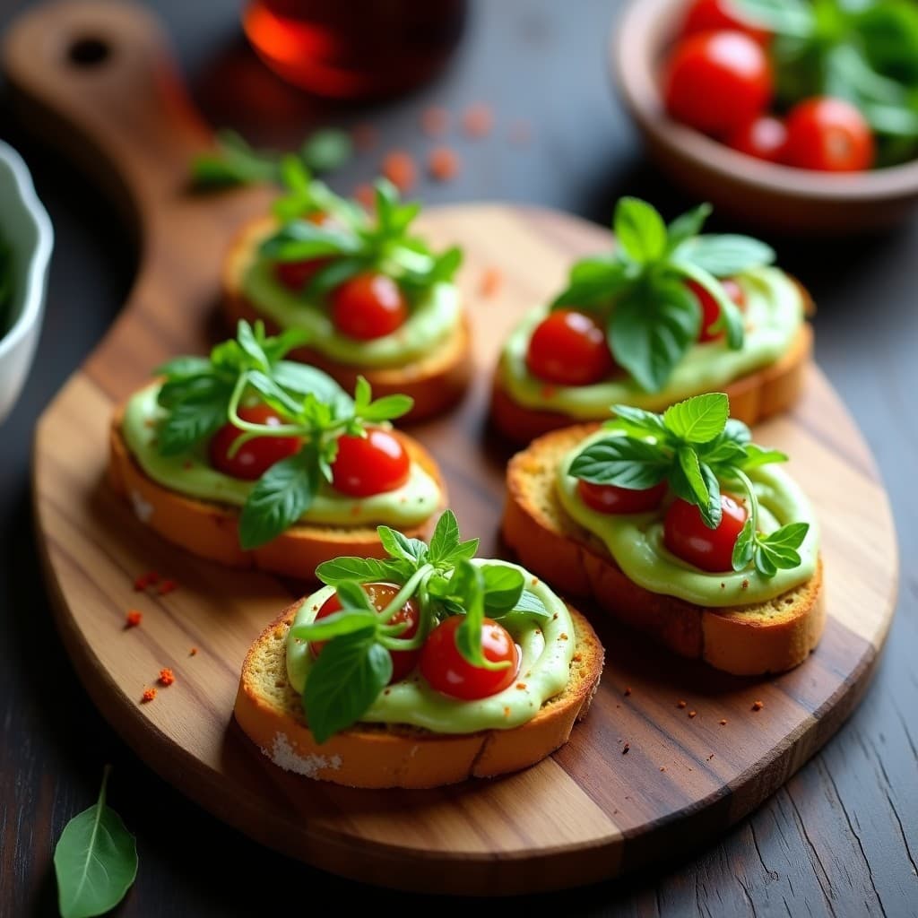 Crostini de pan de maíz dorado con puré de habas cremoso, hojas de rúcula fresca, tomates cherry en cuartos y albahaca picada, servidos en bandeja de madera rústica con aceite de oliva.