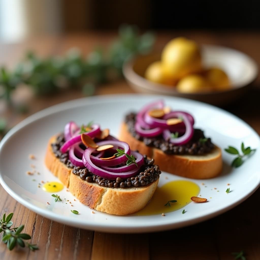 Plato de crostini dorados con paté de lentejas cremoso, cebolla morada caramelizada, tomates secos y almendras tostadas, decorado con hierbas provenzales y glaseado de vinagre balsámico, entrante vegano con toque francés.