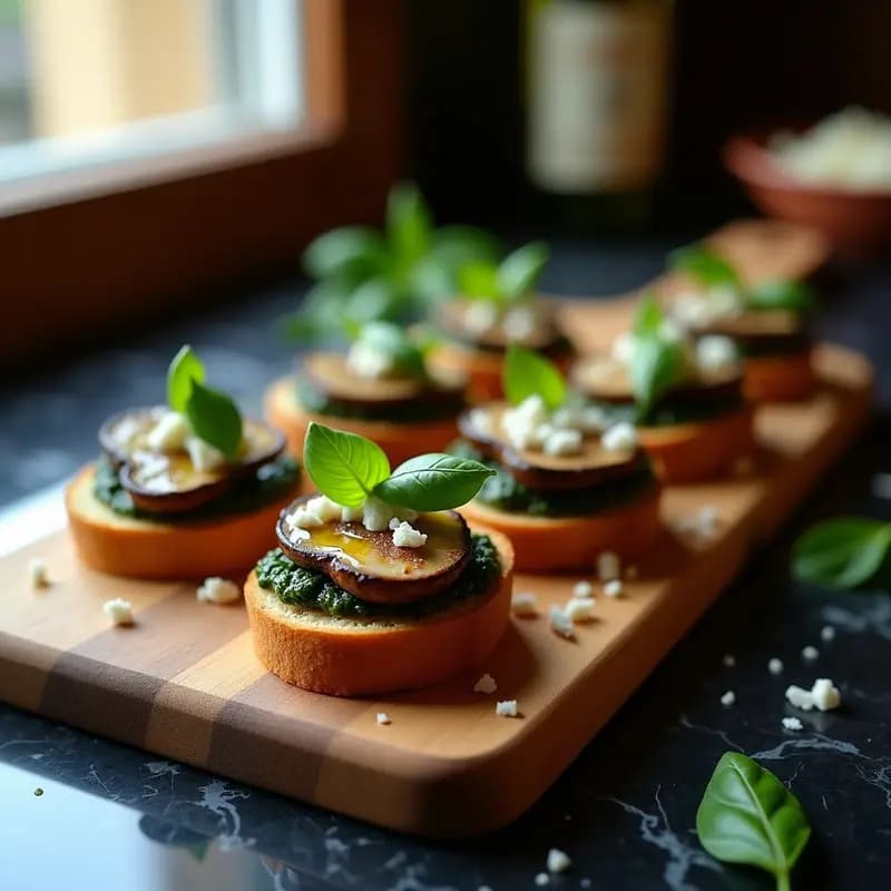 Plato de madera rústico con crostini de pan de centeno tostado, cubiertos con pesto de albahaca negra verde oscuro y láminas de champiñones portobello asados, decorados con virutas de queso pecorino y un hilo de aceite de oliva. Receta de aperitivo italiano gourmet con champiñones portobello y pesto de albahaca negra.